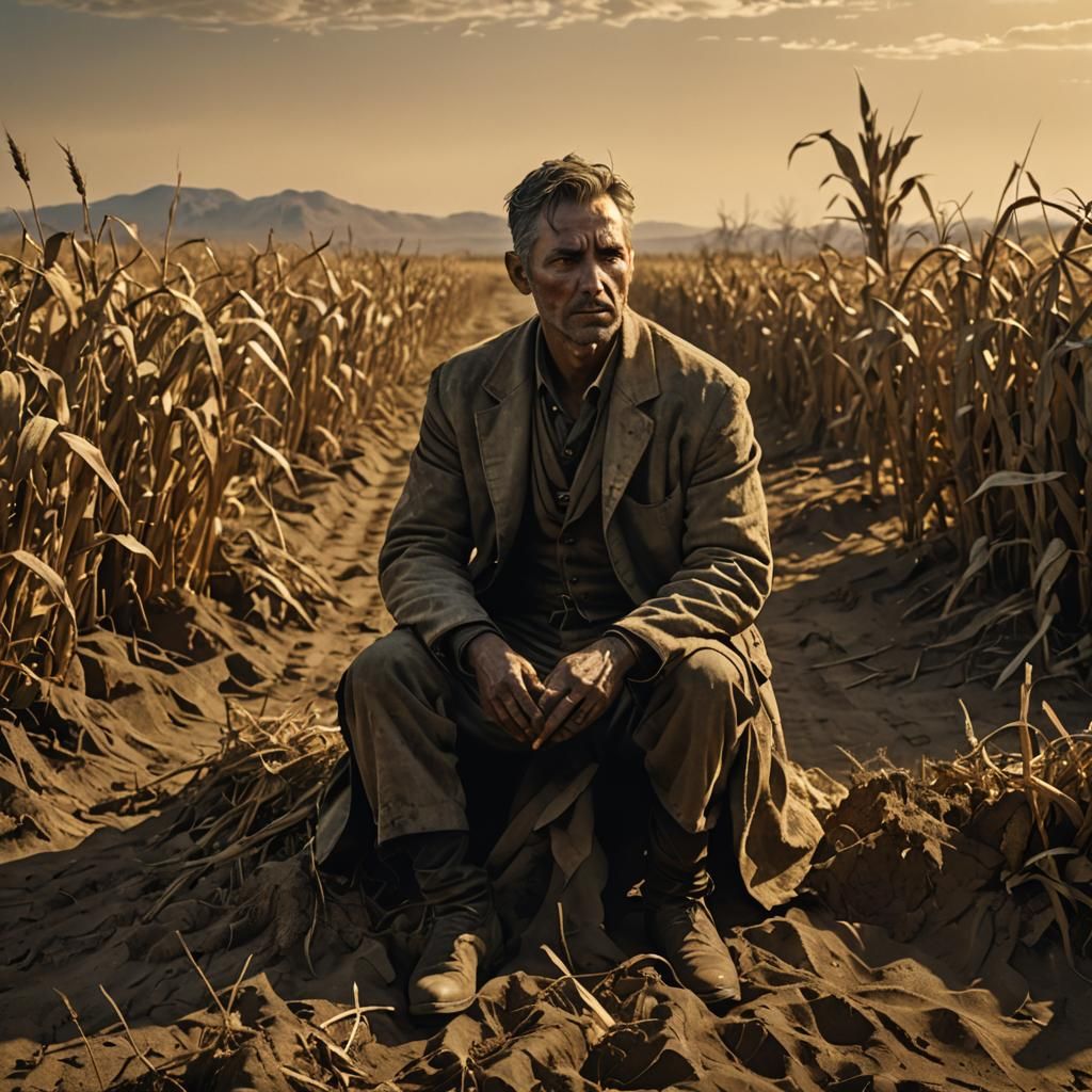 Haunting Portrait of Gaunt Figure in Barren Landscape