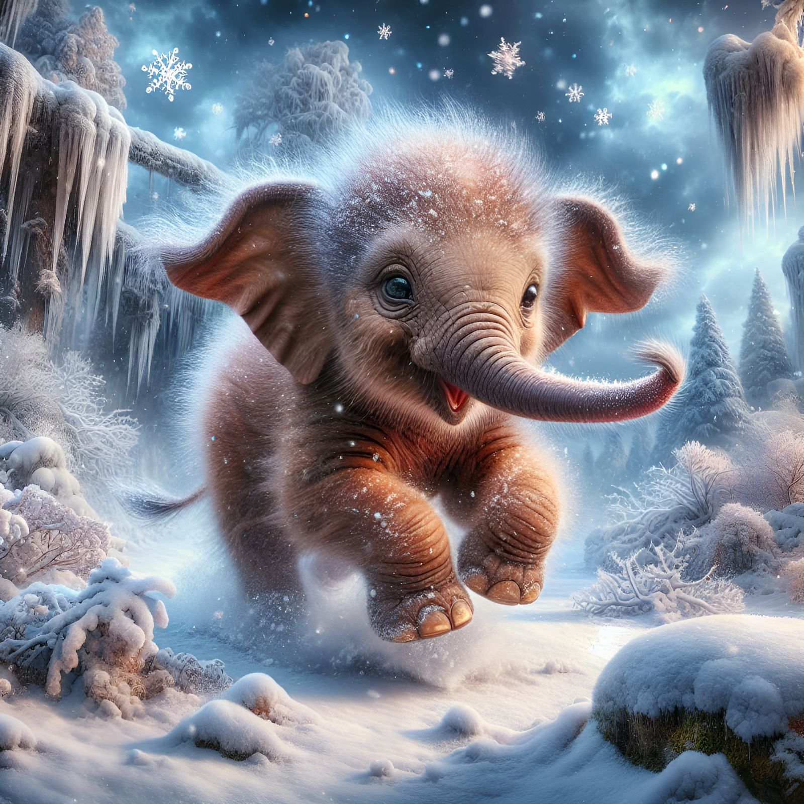 Baby Elephant's Joyful Snow Frolic in Winter Forest