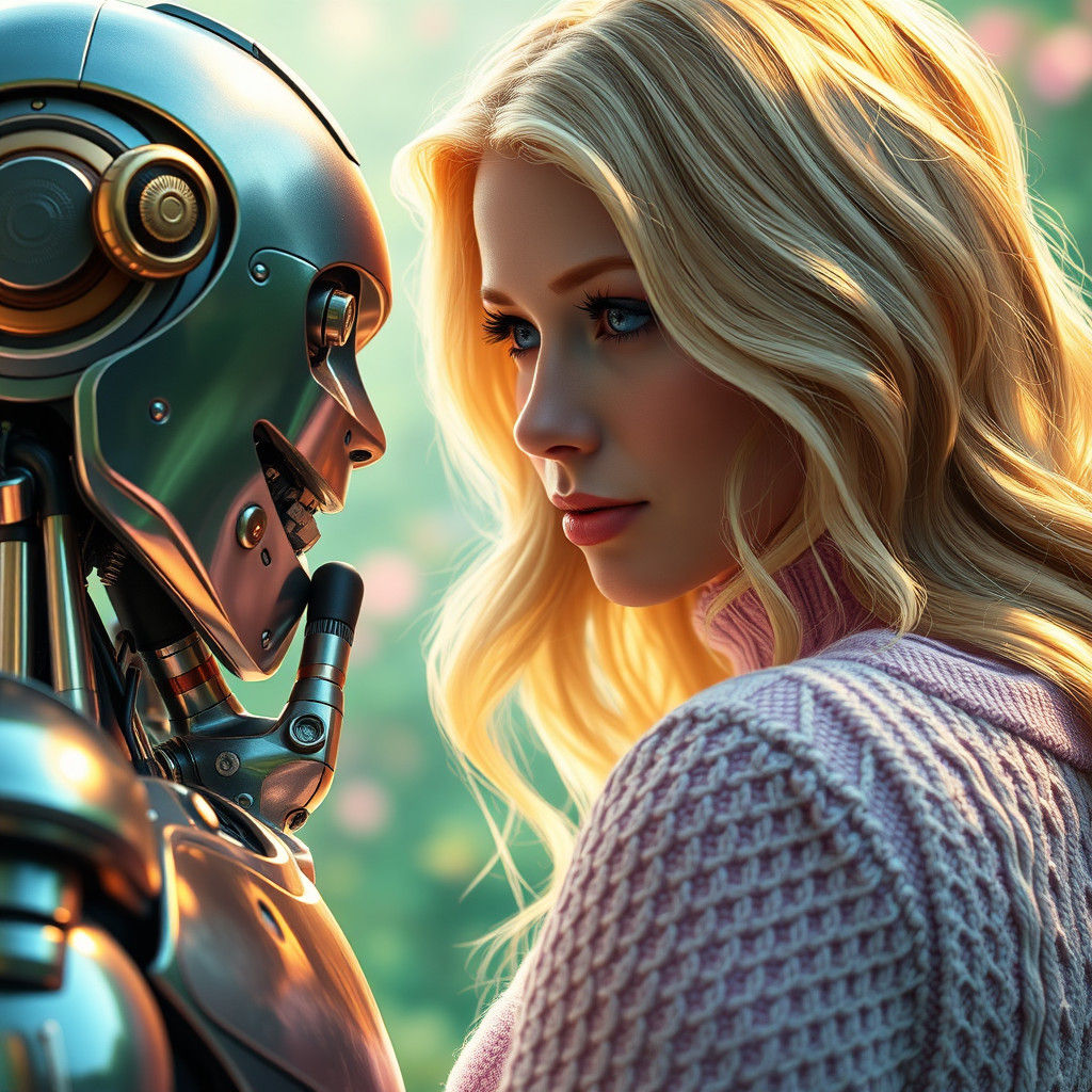 Robot Gazing at Blond Woman in Dreamlike World