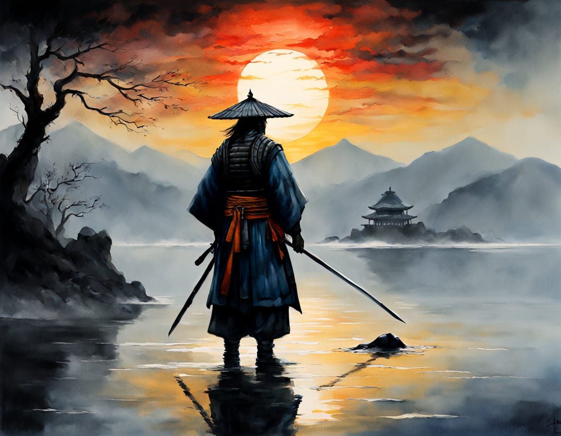 Solemn Samurai Stands Against the Blood-Red Sun