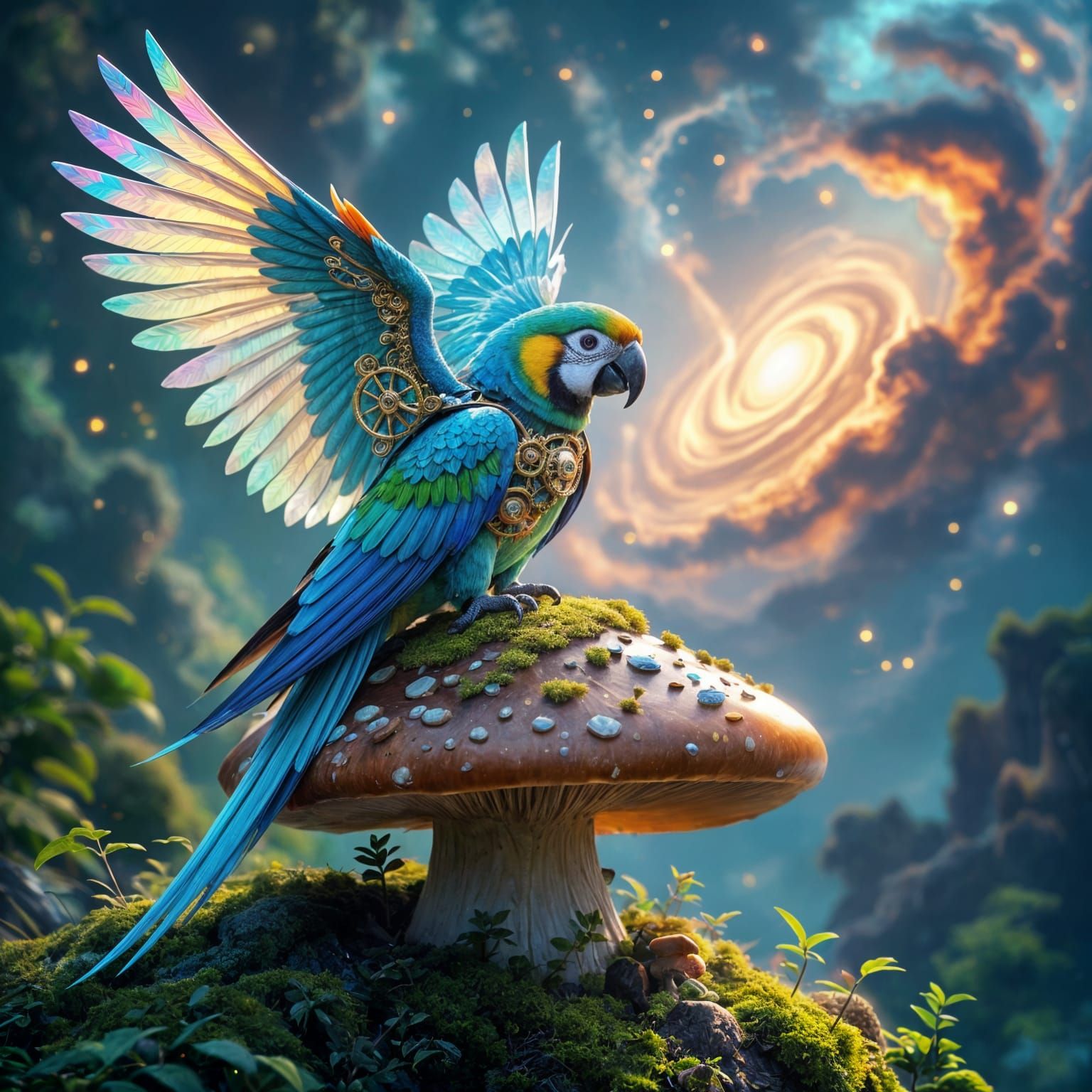 Clockwork Parrot on Mushroom Over Nebula