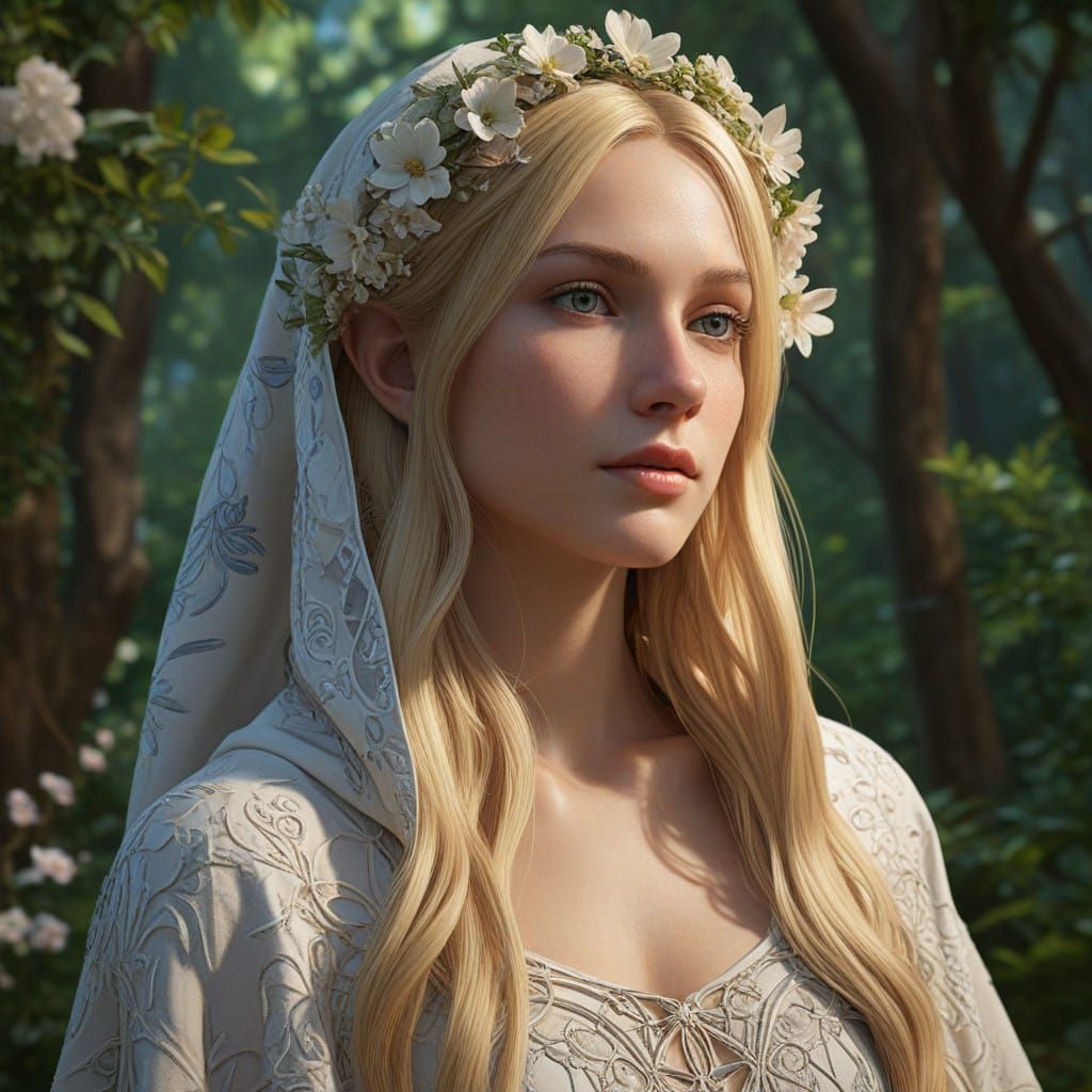 Ethereal Elfin Goddess in Enchanted Flower Forest