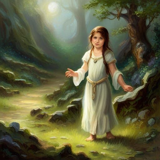 Ethereal Halfling Druid in a Misty Fantasy Landscape