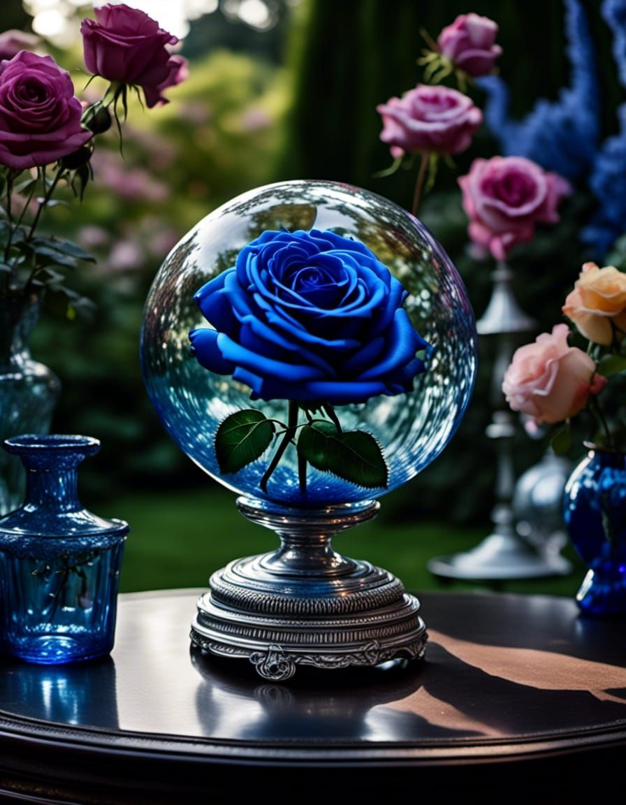 Liquid Chrome Blue Rose in Glass Orb