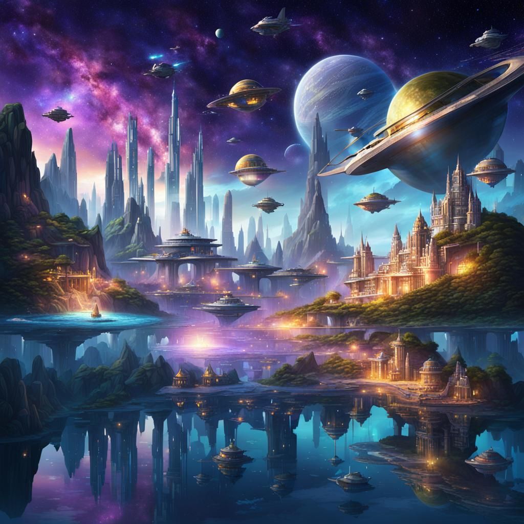 Futuristic Atlantis Cityscape Among Stars and Galaxies