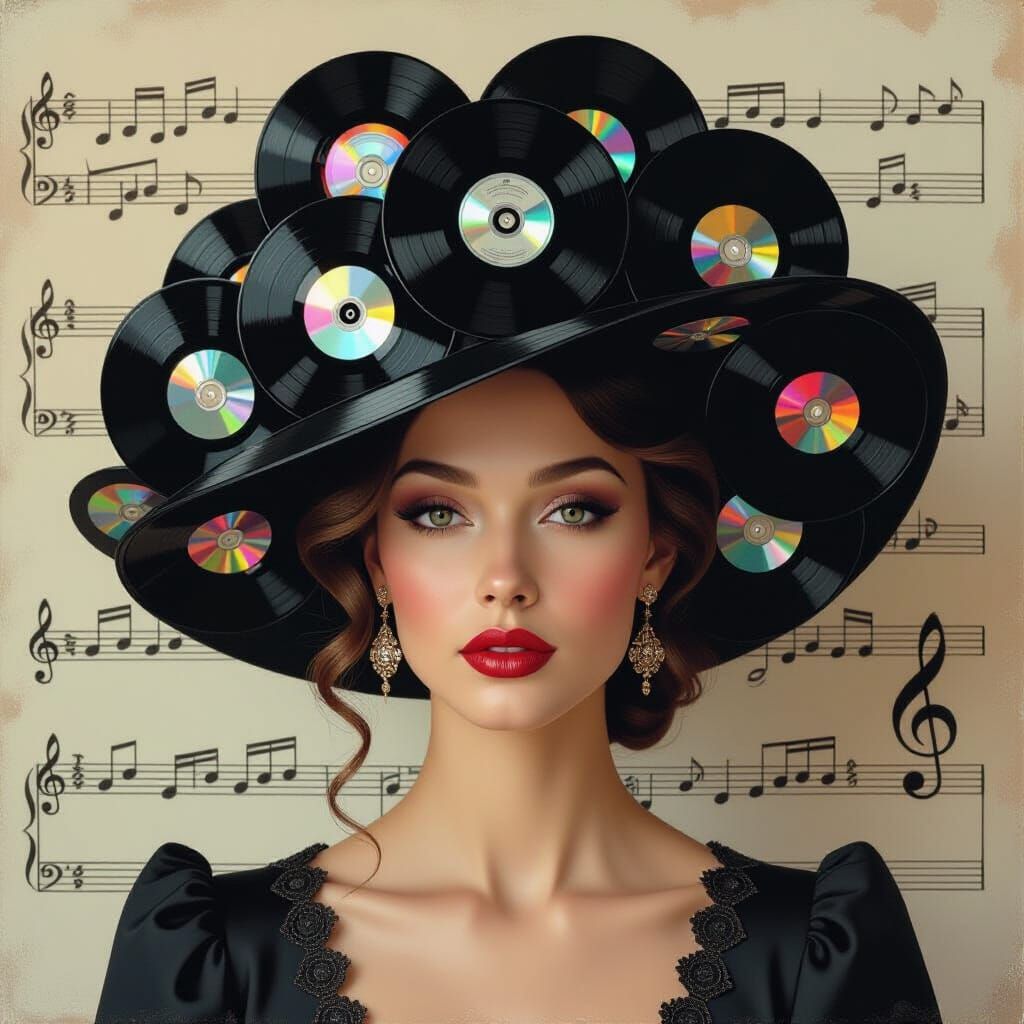 Baroque Portrait of Woman with Vinyl Record Hat