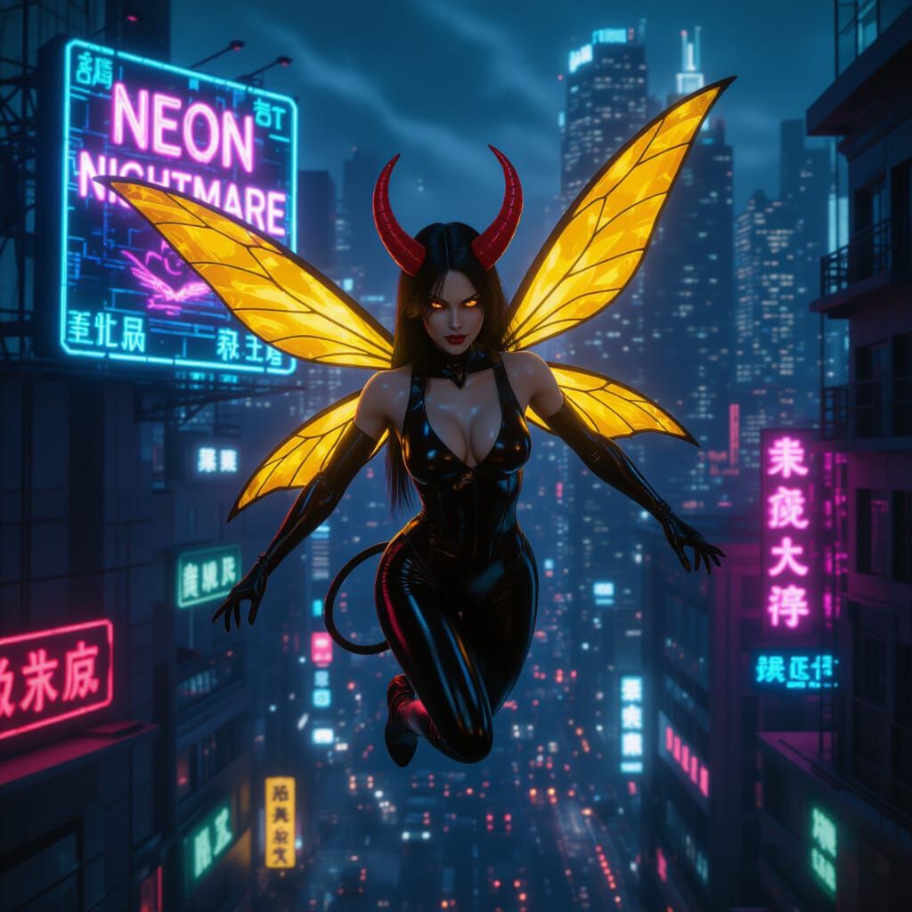Demon Fairy Soaring Through Cyberpunk Cityscape