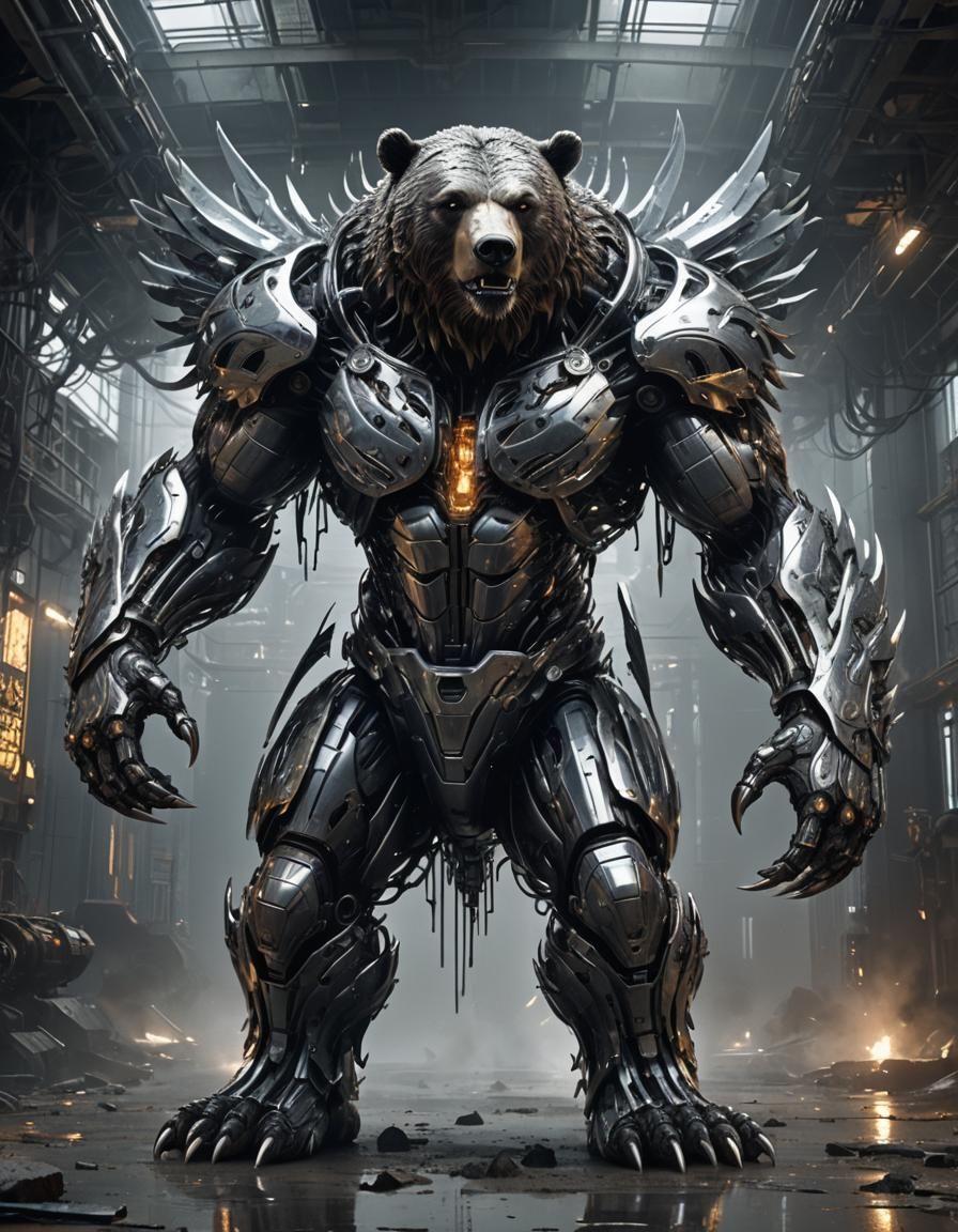 Menacing Cybernetic Bear with Metallic Wings