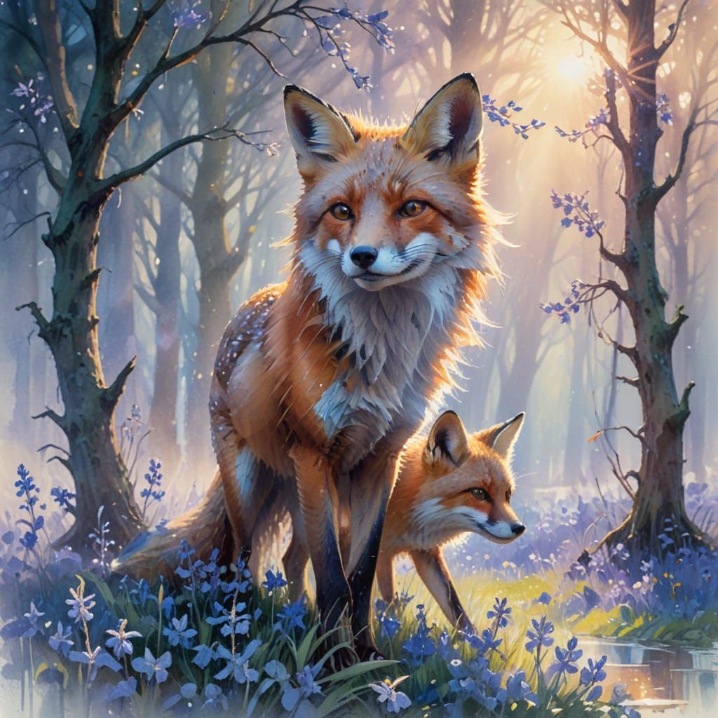 Red Fox in Bluebell Wood: Neo-Impressionist Oil Painting