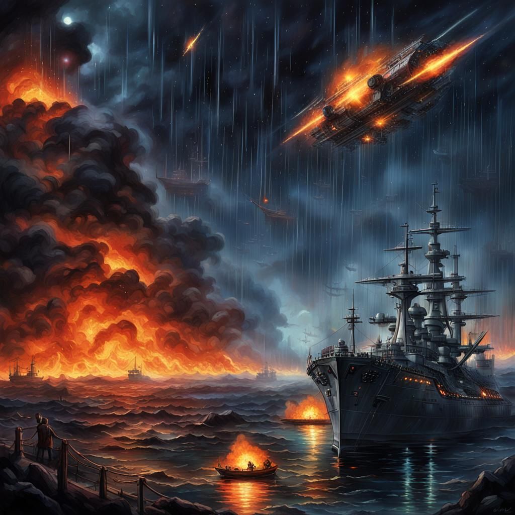 Fiery Spaceships in Cyberpunk Dystopia