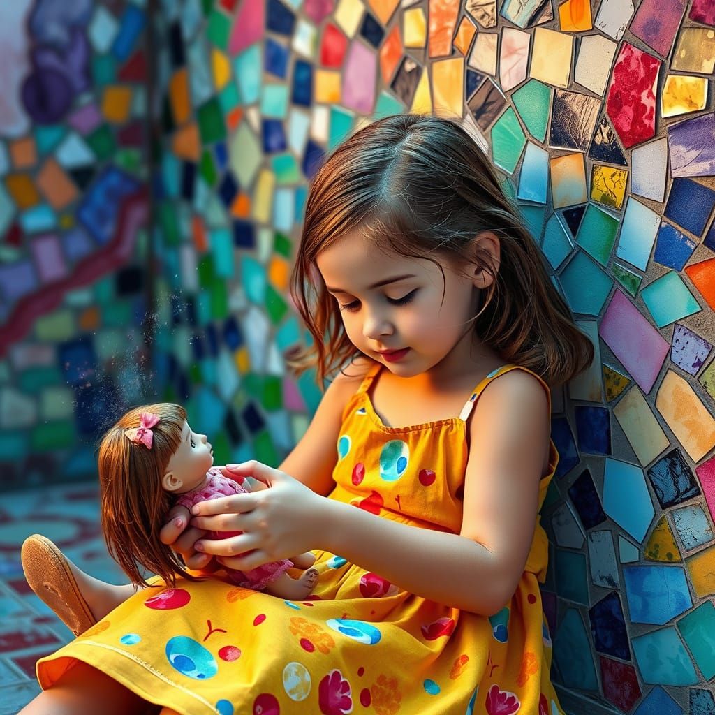 Girl and Doll in Vibrant Cubist Mosaic