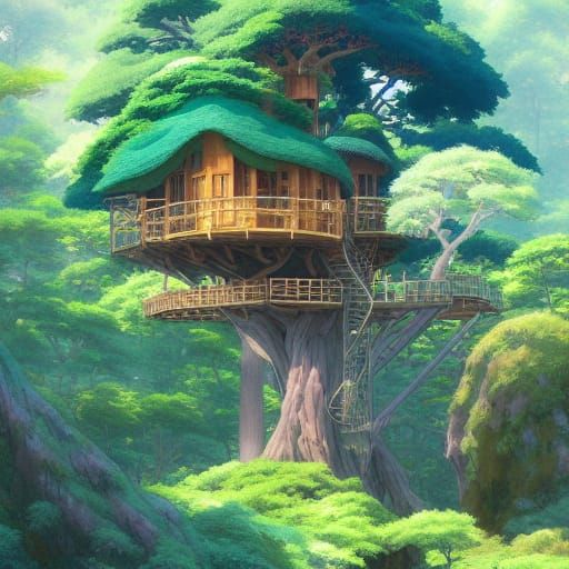 Blue-Green Mountain Treehouse in Ghibli Anime Style