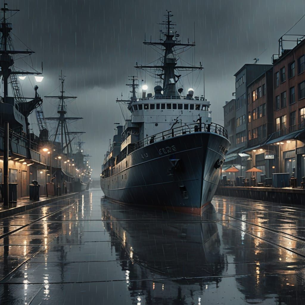 Gloomy Seaport Evening Digital Painting with Rain and Blurre...