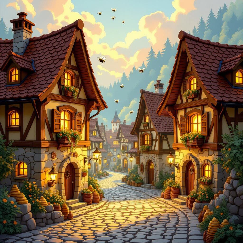 Whimsical Honey Village Illuminated by Golden Light