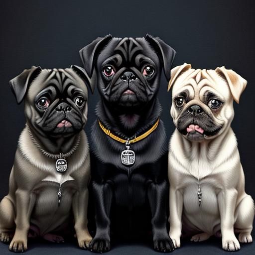 Three Pugs in Anime Style