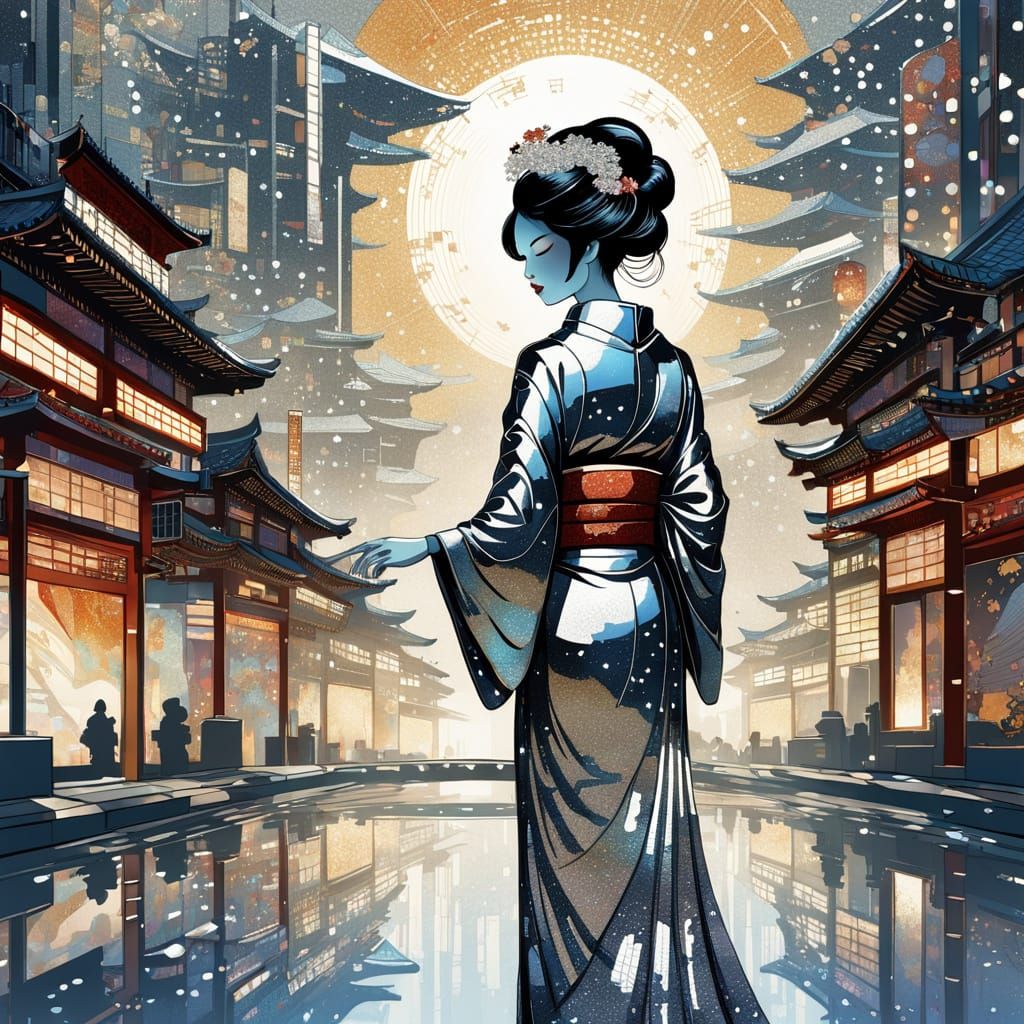 Futuristic Chrome Geisha in Cityscape, Fantasy Illustration