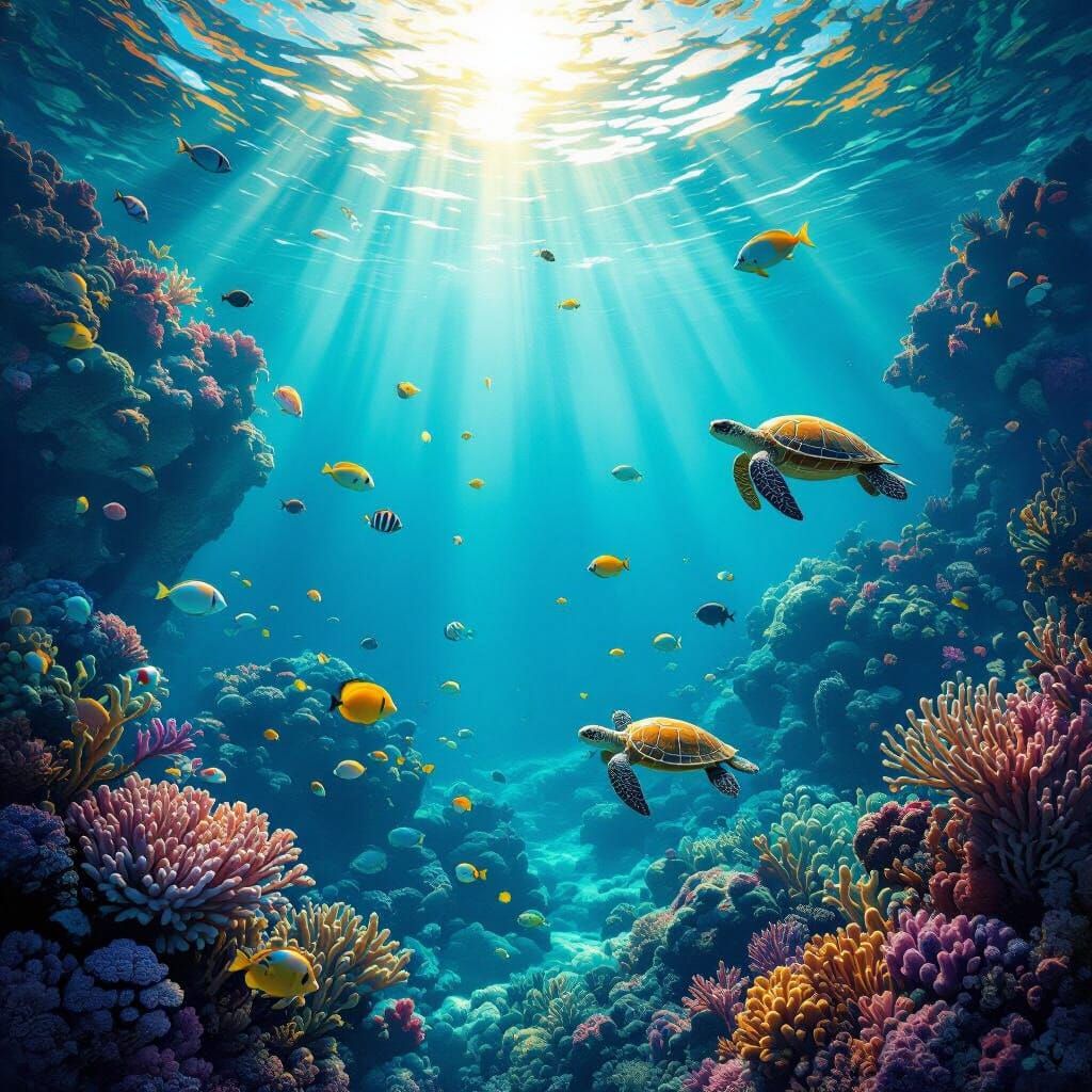 Vibrant Underwater Marine World with Fish, Corals and Turtle...