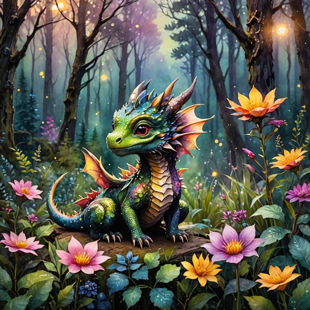 Baby Dragon in Forest Dawn Watercolor
