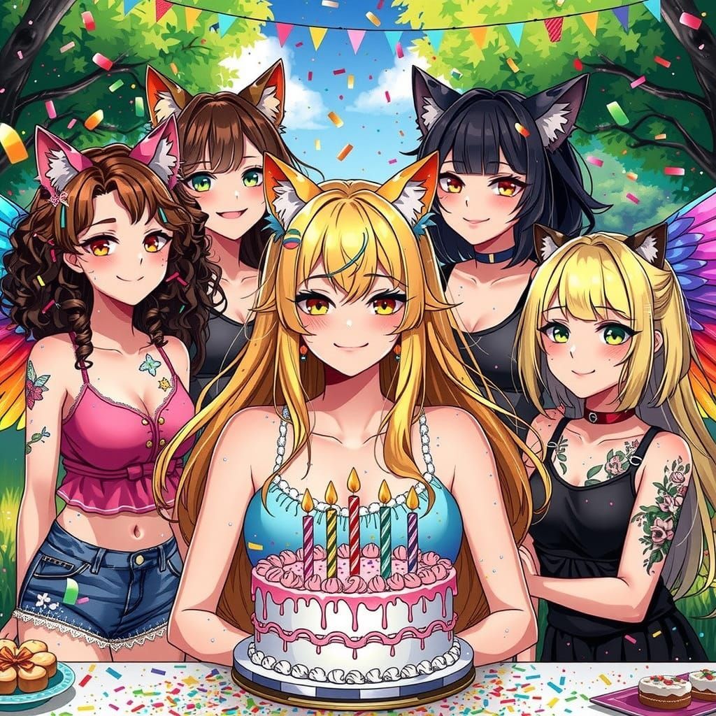 Anime Girl with Wolf Ears Celebrates Birthday