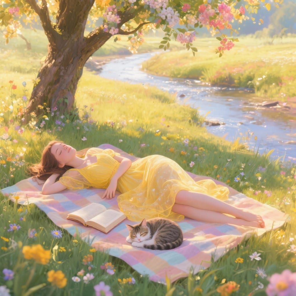 Woman Napping in Sun-Drenched Meadow with Cat and Book