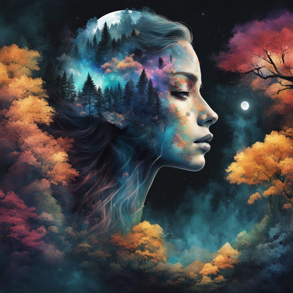 Ethereal Double Exposure: Woman and Forest Landscape