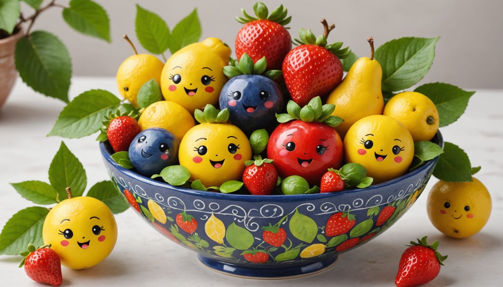 Chibi Fruits Gather in Whimsical Ceramic Vase
