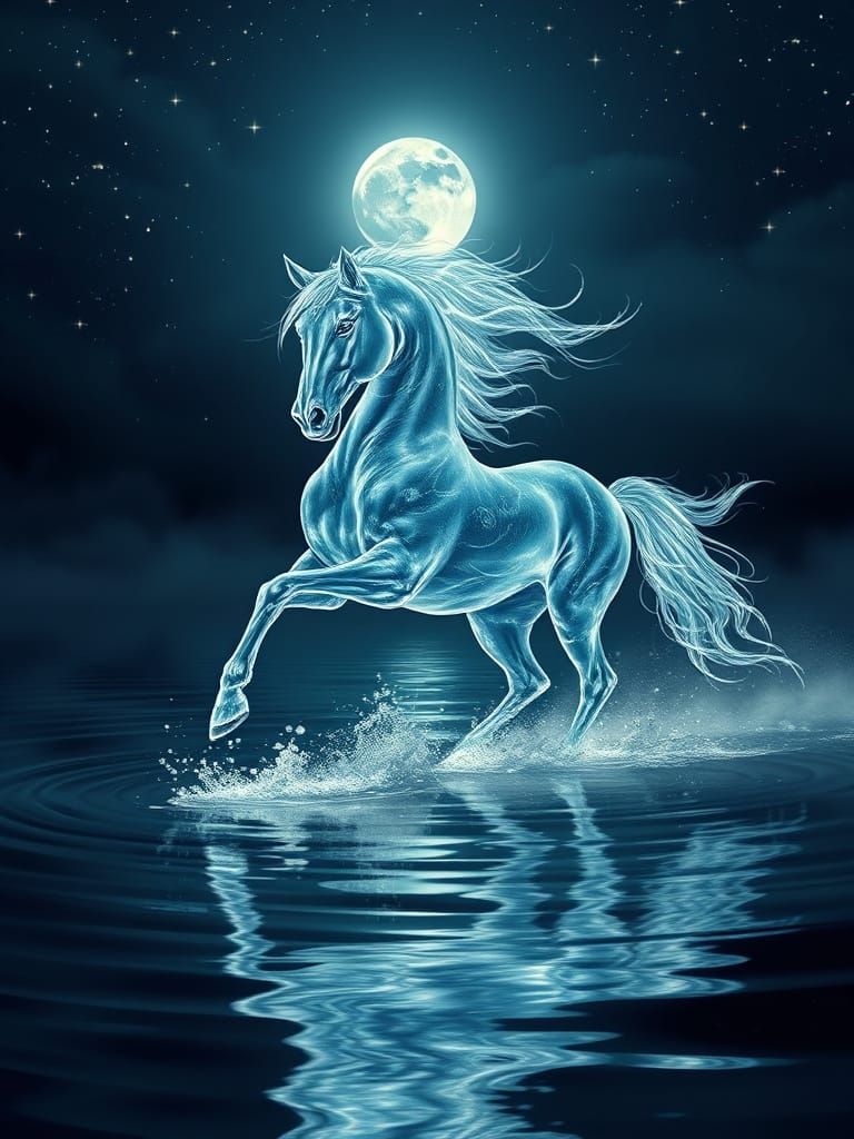 Ethereal Water Horse Under Starry Night Sky