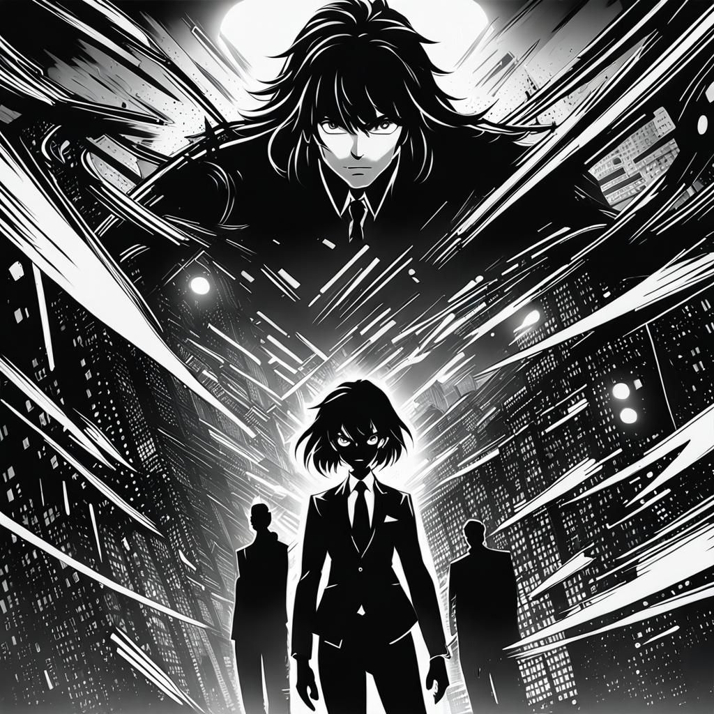 An anime or manga-style character, rendered in grayscale, wi...