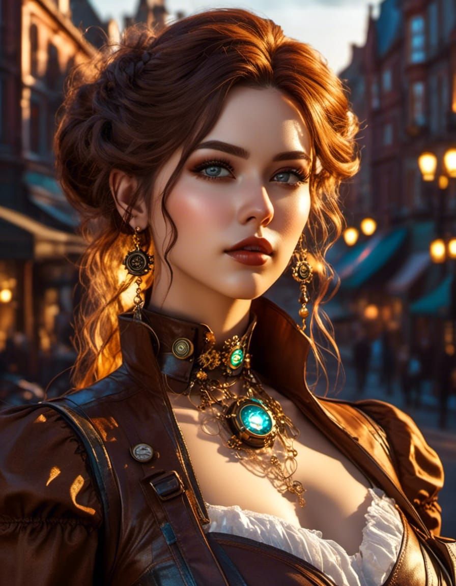 Steampunk Woman Portrait in Victorian Town at Sunrise