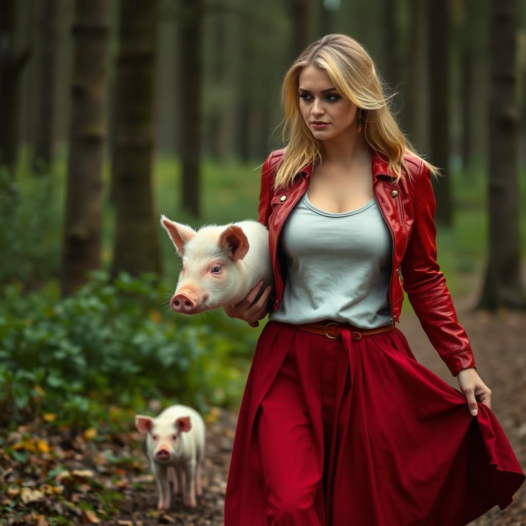 Woman Walking with Piglet in Forest