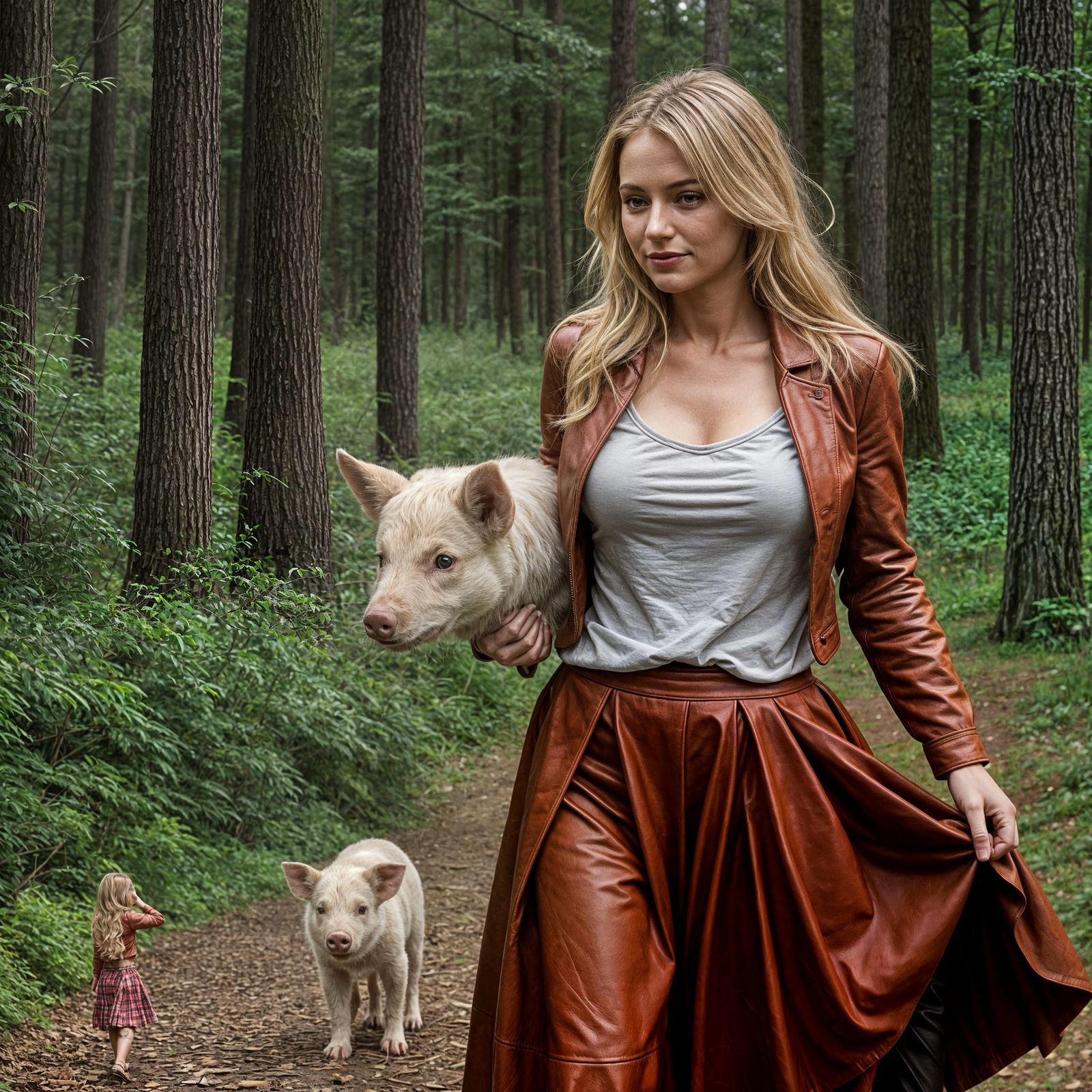 Woman Walking Piglet in Forest