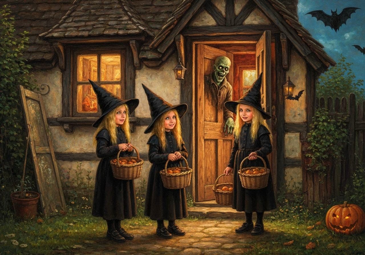 Witches Trick-or-Treating in Dramatic Halloween Scene