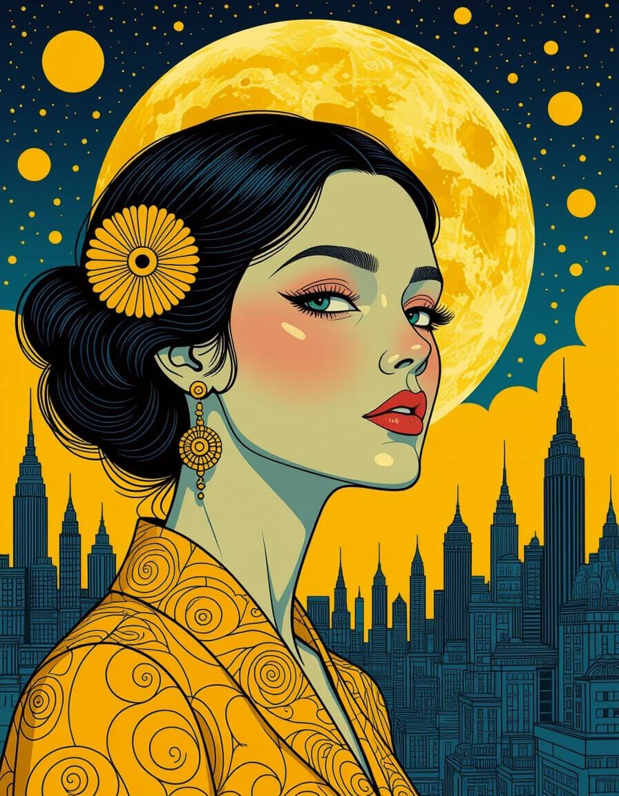 Psychedelic Portrait with Moon and Cityscape