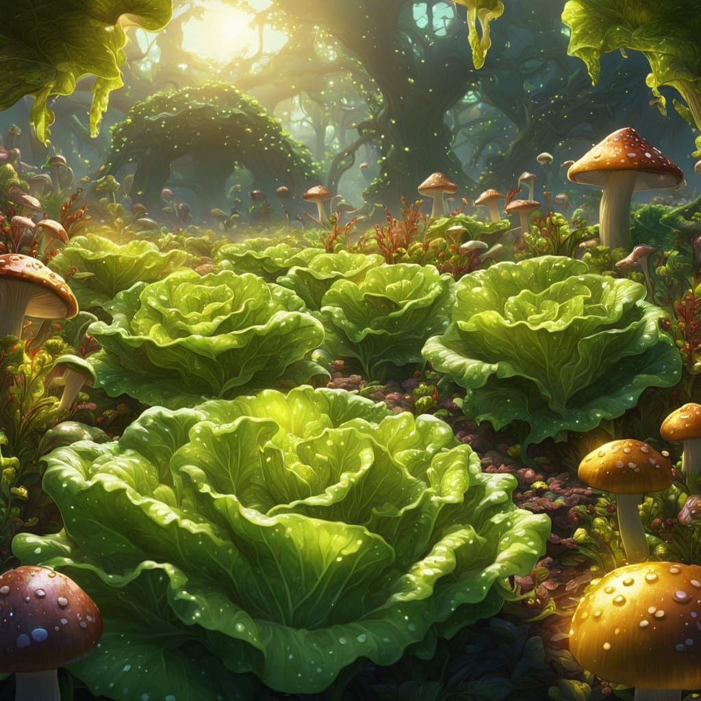 Lettuces Party in a Vibrant Garden, Digital Art