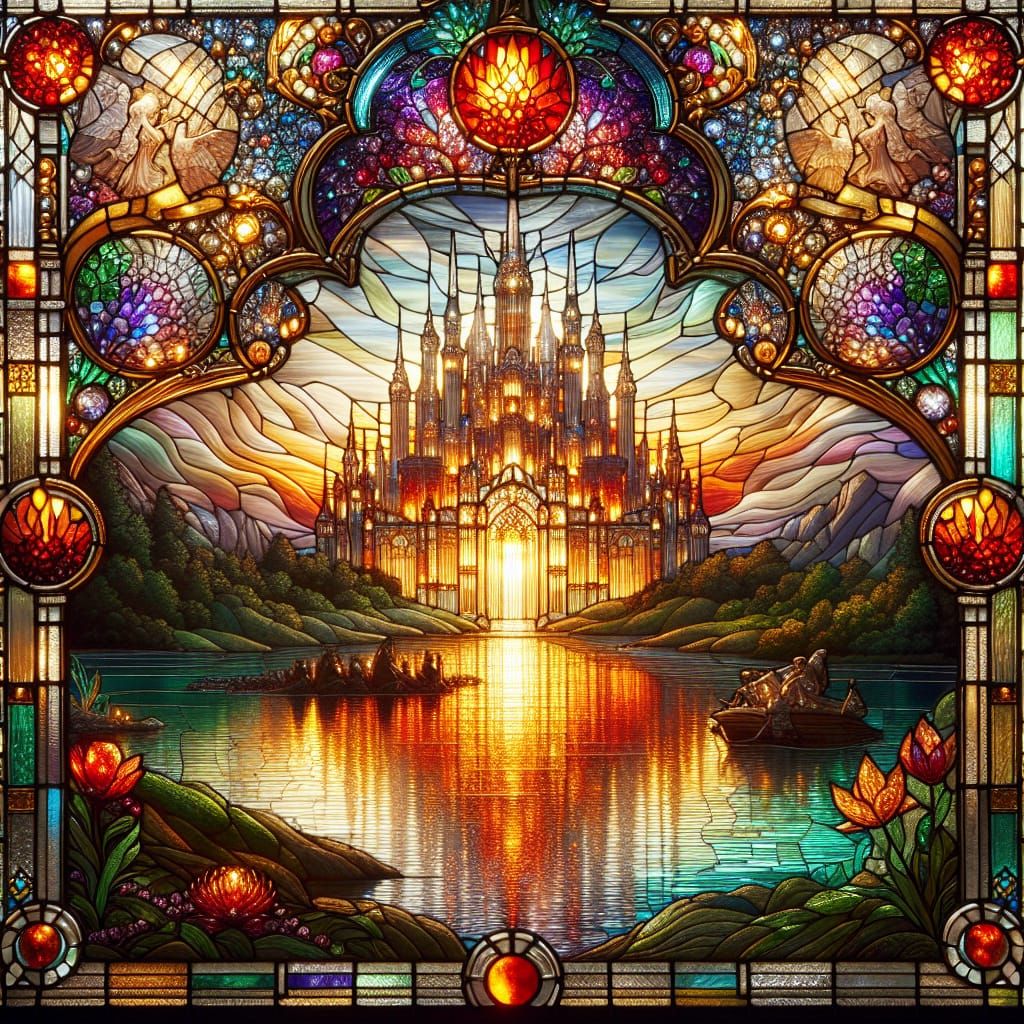 Luminous Stained Glass Castle Reflecting Dawn Light