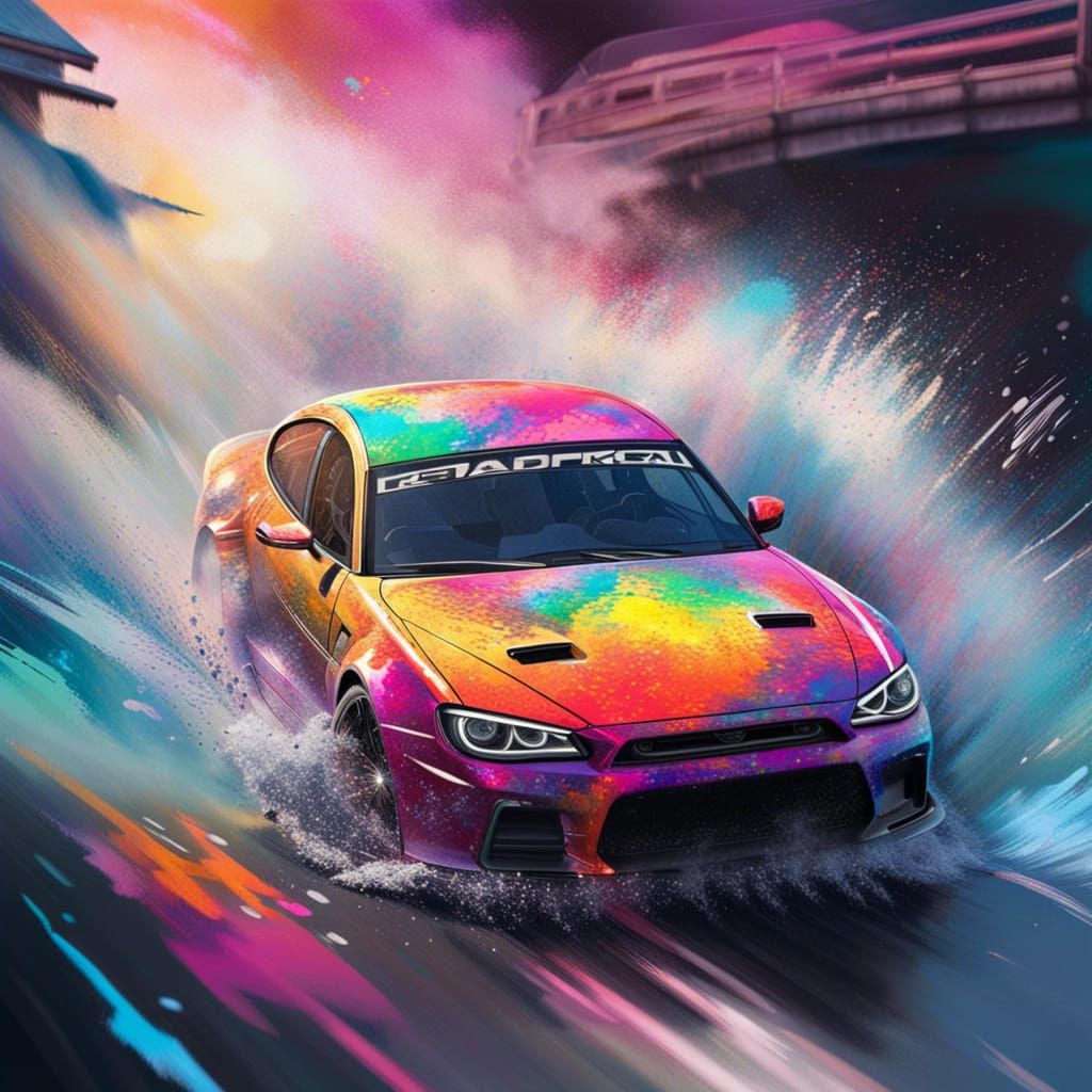Hyperrealistic Drifting Car in Splash Art Style