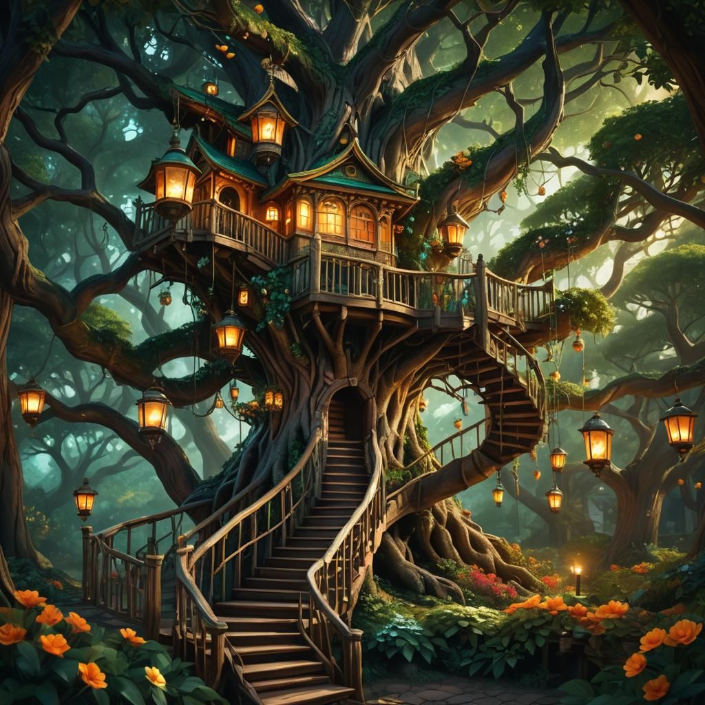 Whimsical Treehouse Concept Art in Mystical Forest