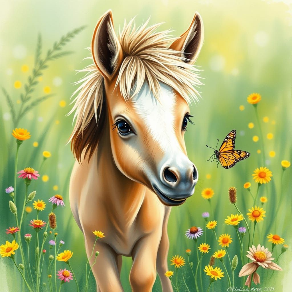 Whimsical Foal with Butterfly in a Vibrant Meadow