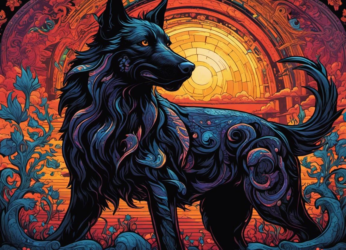 Gothic Hellhound Portrait in Dreamy Comicbook Style
