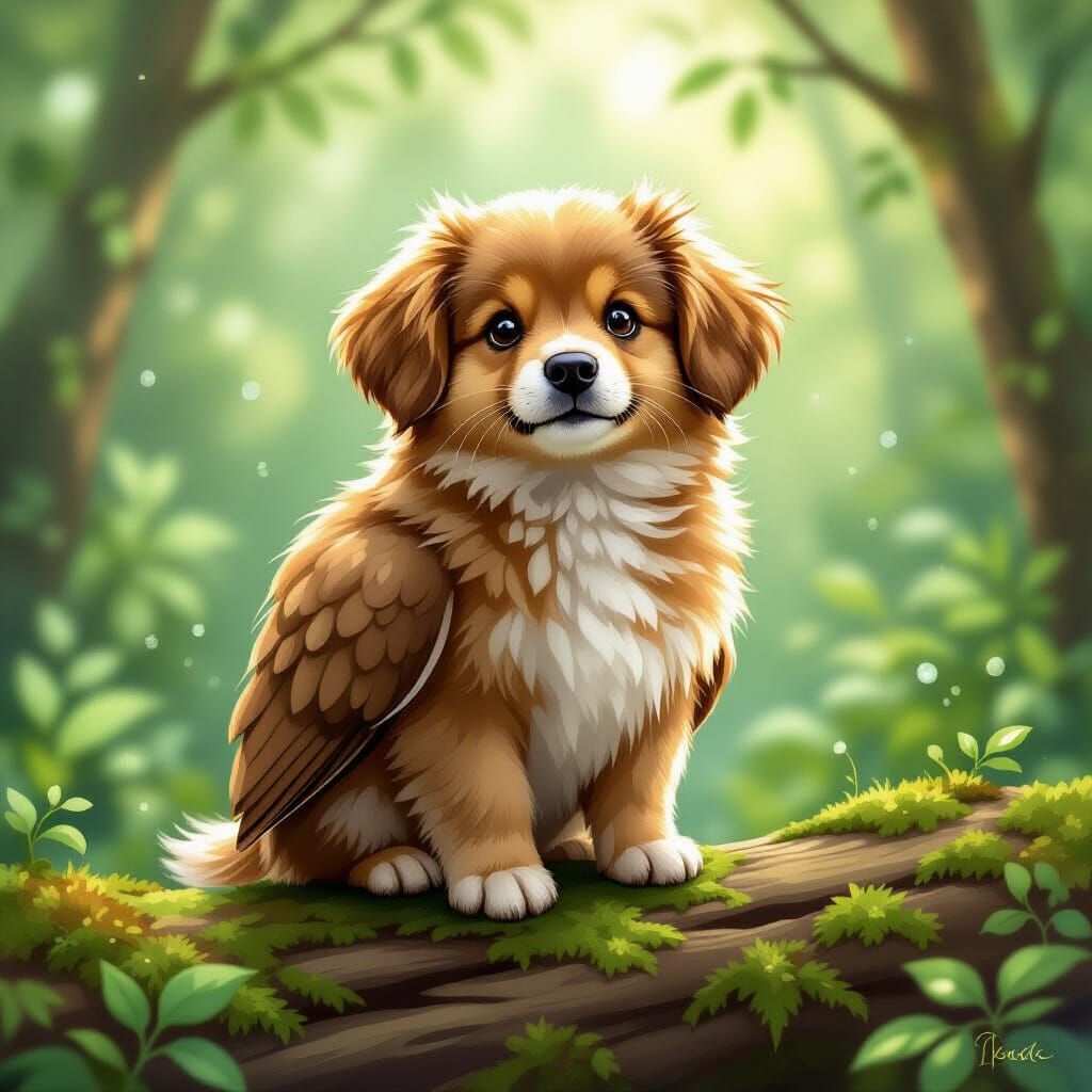 Whimsical Kiwi-Retriever Hybrid Perched on Log