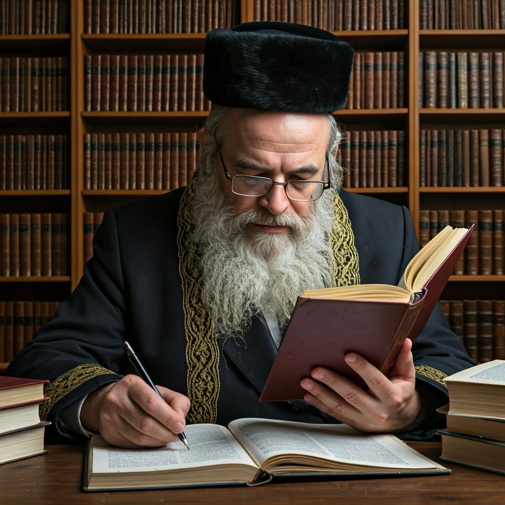 Orthodox Rabbi Studies and Writes in a Book-Filled Study