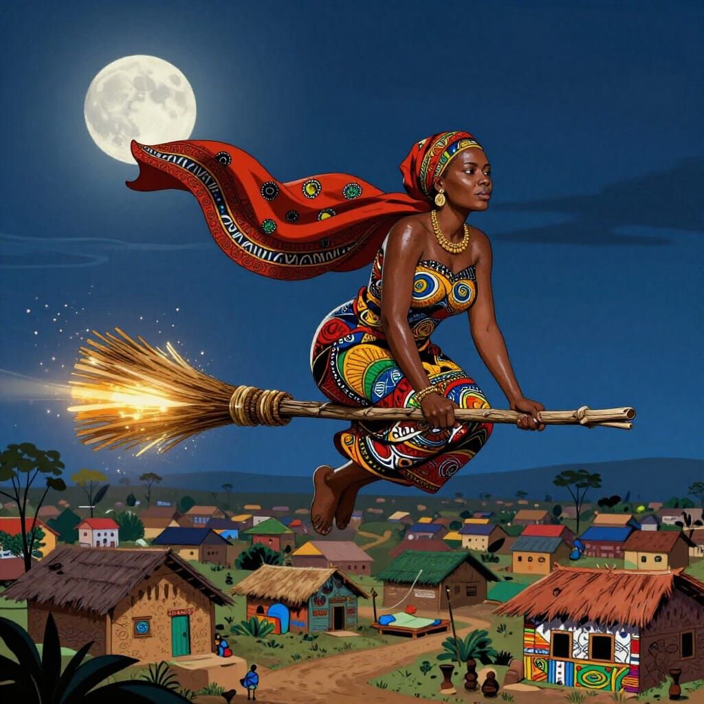 African Folklore Illustration of Madam Ifeoma Flying at Nigh...
