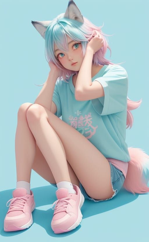 Pastel Anime Wolf Girl in Whimsical Watercolor Style