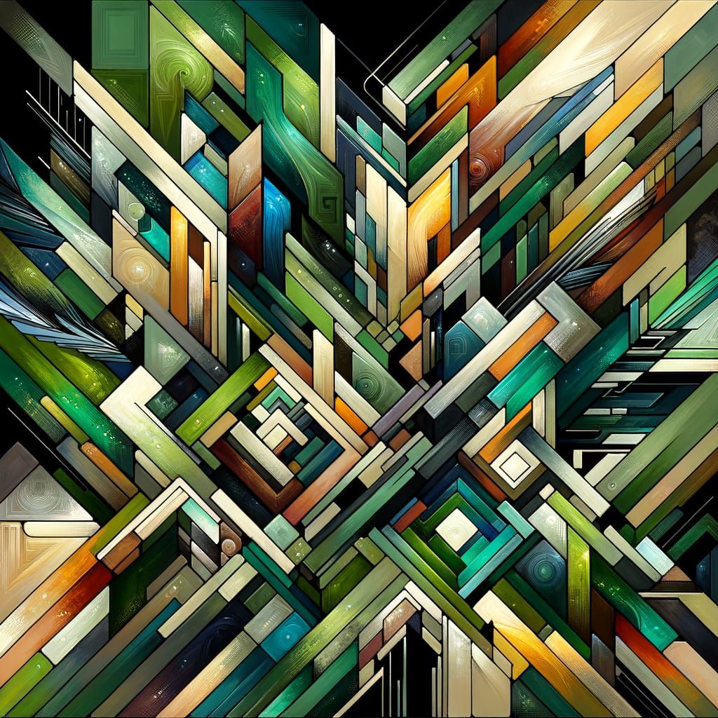 Vibrant Green Art Deco Masterpiece in Bold Cubist Style