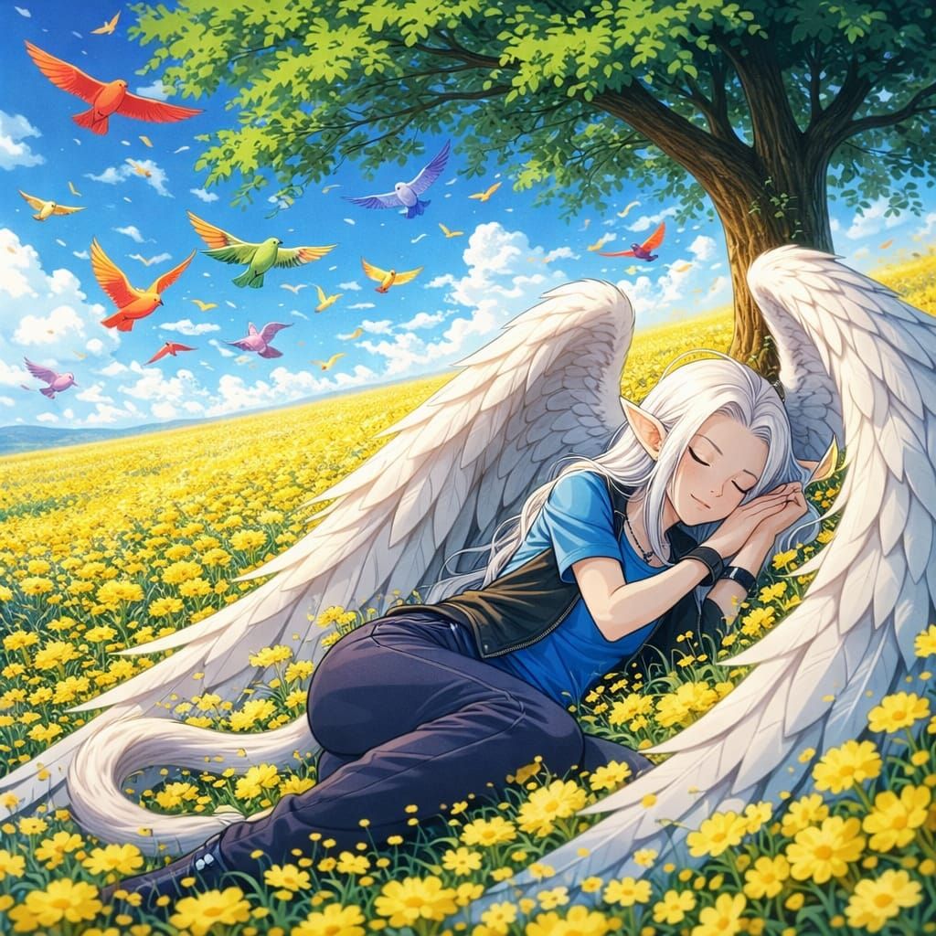 Anime Style Scene: Woman Sleeping in Field of Flowers