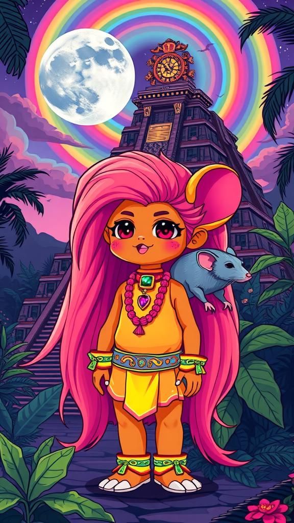 Neon Teletubby in Manga Style at Mayan Temple