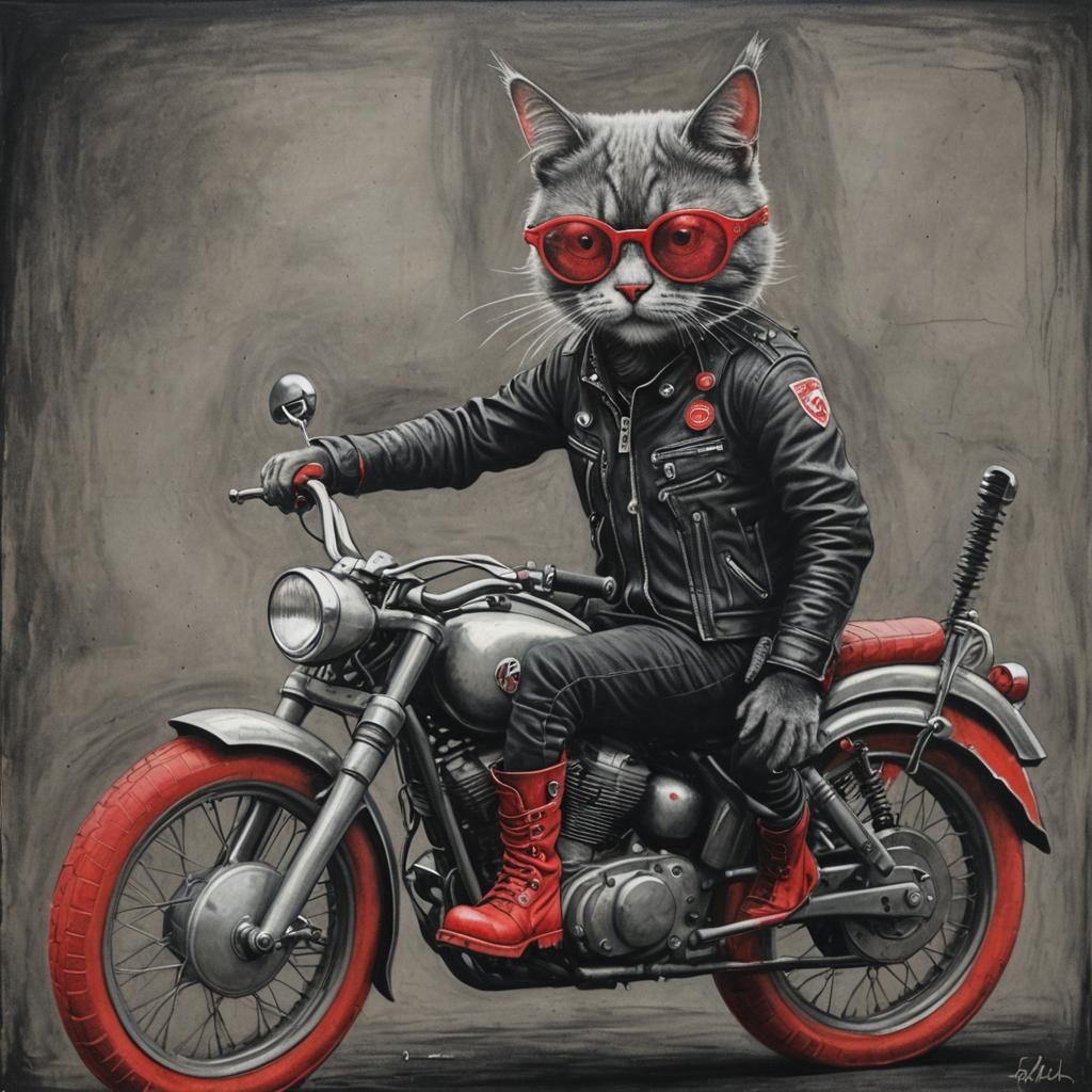 Punk Motorbiker Cat on Chopper: Surreal Charcoal Art