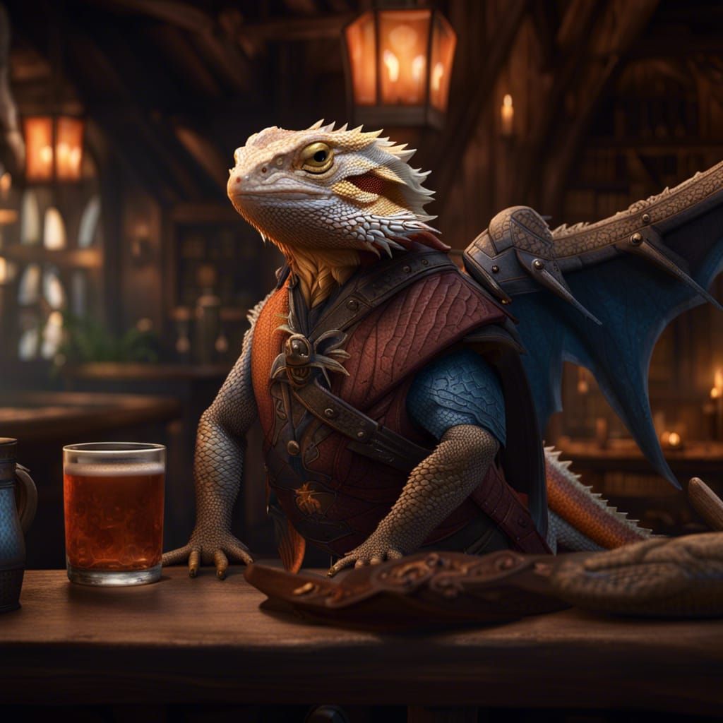 Dragon-Winged Bearded Dragon Adventurer in Tavern