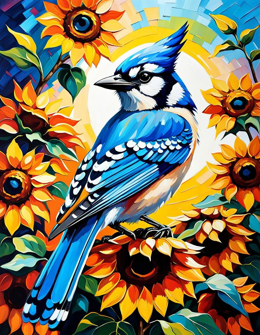 Blue Jay in Sunflowers: Expressionist Impasto Painting