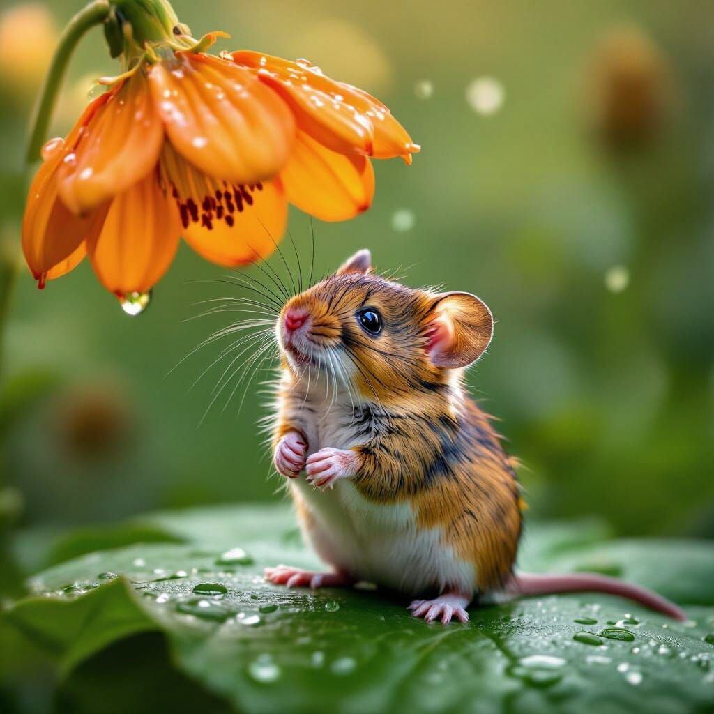 Tiny Mouse Under Orange Flower with Golden Rain